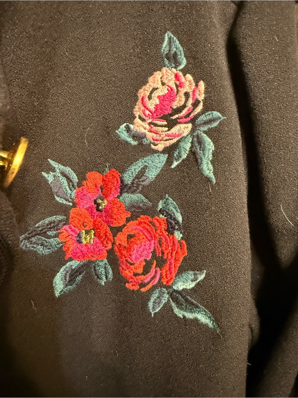 Black Embroidered Floral Pea Coat